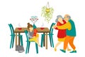 Family at home together vector illustration. Grandmother and grandfather dancing, granddaughter girl playing in living