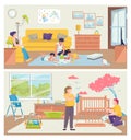 Family at home, vector illustration. Flat people father mother man woman character happy together at room, leisure set