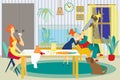 Family at home, vector illustration. Grandfather character look at telescope equipment with child girl, mother drink tea Royalty Free Stock Photo