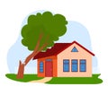 Family house with broken tree branch on roof after storm. Home damaged by fallen tree, insurance concept vector Royalty Free Stock Photo