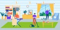 Family in house do housework cartoon home vector illustration. People man woman character cleaning room together Royalty Free Stock Photo