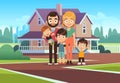 Family house. Happy young parents father mother son daughter kids outdoors front home building lifestyle cartoon vector Royalty Free Stock Photo