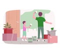 Family house renovation concept Happy Father and son painting walls together vector illustration Royalty Free Stock Photo