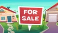 family house for sale or rent illustration. red cartoon lettering sign. countryside village landscape nature Royalty Free Stock Photo