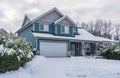 Family house in snow on winter cloudy day