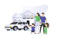 Family house vector illustration. Flat tiny modern property person concept. Real estate exterior with parents, children. Royalty Free Stock Photo