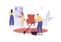 Family housekeeping concept. Vector flat illustration. Male husband cleaning with vacuum cleaner. Female dusting bookcase. Royalty Free Stock Photo