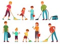 Family housework. Parents and kids clean up house, cleaning with vacuum cleaner and wash floor cartoon vector Royalty Free Stock Photo