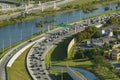 Family housing in noisy neighborhood close to highway road in Miami. Top view of apartment condos in Florida suburban