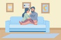 Family hugging on couch. Romantic cute couple embracing in living room. Happy man and woman flirting. Love and romance