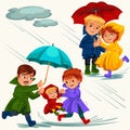 Family husband and wife walking rain with umbrella in hands, raindrops dripping into puddles, dad and mom holding baby