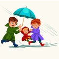 Family husband and wife walking rain with umbrella in hands, raindrops dripping into puddles, dad and mom holding baby