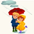 Family husband and wife walking rain with umbrella hands, raindrops dripping into puddles, man and woman waterproof