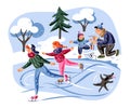 Family ice skating flat vector illustration Royalty Free Stock Photo