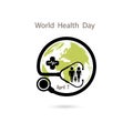Family icon,Globe sign and stethoscope vector logo design template.World Health Day icon.World Health Day idea campaign concept.