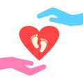 Family icon. Pregnancy sign. Caring for a child. Two hands protect the heart with footprints. Vector