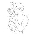 Family idyll, a loving father holds a little daughter in his arms. Linear minimalism style. Design suitable for icons