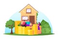 Family Income, Property Insurance, Mortgage Concept. Happy Family Characters front of Cottage with Piles of Huge Coins