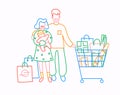 Family with infant baby have purchases at shopping. Thin line flat design, vector illustration in bright colours