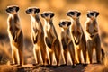 A family of inquisitive meerkats standing upright in the golden light of an African savannah, diligently scanning their Royalty Free Stock Photo