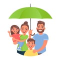 Family insurance concept. Protection of all family members from accidents. Mom dad and children under an umbrella Royalty Free Stock Photo