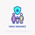 Family insurance thin line icon: mother, father, baby are protected by medical shield. Modern vector illustration