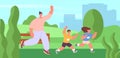 Family jogging in city park. Children and mother running outdoor, summer workout on nature. Boy and girl training