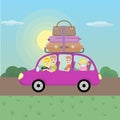 Family journey by car to nature. Father, mother, son-teen and little daughter go on a trip. Illustration in a cartoon style. Flat