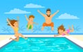 Family jumping diving into pool Royalty Free Stock Photo