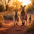 A family of kangaroos hopping through the Australian outback.