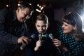 Family karaoke. Portrait of a happy family, singing in microphones