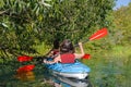 Family kayaking, mother and child paddling in kayak on river canoe tour, active summer weekend and vacation, sport and fitness Royalty Free Stock Photo