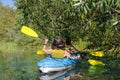 Family kayaking, mother and child paddling in kayak on river canoe tour, active summer weekend and vacation, sport and fitness