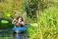 Family kayaking, mother and daughter paddling in kayak on river canoe tour having fun, active autumn weekend Royalty Free Stock Photo