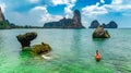 Family kayaking, mother and daughter paddling in kayak on tropical sea canoe tour near islands, having fun, active vacation Royalty Free Stock Photo