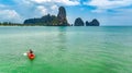 Family kayaking, mother and daughter paddling in kayak on tropical sea canoe tour near islands, having fun, Thailand, Krabi Royalty Free Stock Photo