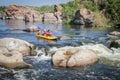 Family kayaking on the river. Rafting on the Southern Bug River