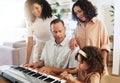 Family, keyboard piano and playing music with grandparents, mother and child with people bonding. Happiness