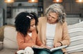Family kid, book and grandmother reading fantasy storybook, story or bonding on home living room sofa. Love, grandma Royalty Free Stock Photo