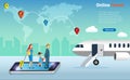 Family and kid carrying luggages on smartphone screen traveling overseas by airplane with world map and pin point background