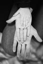 Family Kid Hands. Father and Mother Holding Kid. Child Hand Closeup into Parents Royalty Free Stock Photo