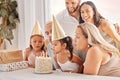 Family, kids and birthday cake with a child and her big family celebrating with a party for fun event. Generations