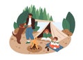 Family with kids and dog relaxing in camp in nature. People tourists resting outdoors with tent and campfire near water Royalty Free Stock Photo