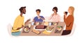 Family with kids eating home food at dining table. Father, mother and children at dinner. Happy parents, son and Royalty Free Stock Photo