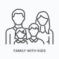 Family with kids flat line icon. Vector outline illustration of parent. Black thin linear pictogram wife, husband and