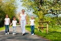 Family - kids and mother walking down a path