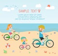 Family and kids riding bikes on beach Royalty Free Stock Photo