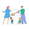 Family with kids saves money. Parents teaching children how to invest