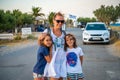 Family with kids tourists portrait standing on beach, Xerokampos, Crete, Greece Royalty Free Stock Photo