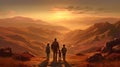 family with kids travel in sunset mountains, parenting concept